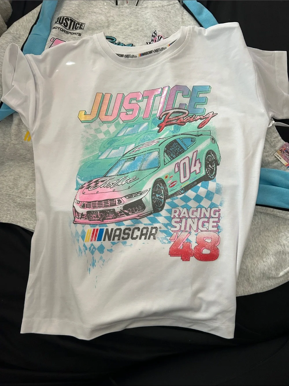 Justice Girls Gray & Blue Racing Hoodie sweats and Graphic Tee Set nascar racing